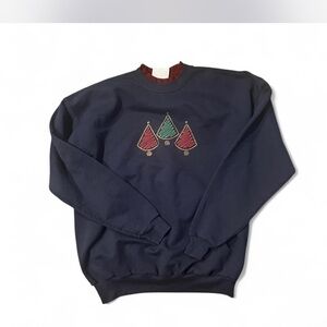 Classic Navy Crewneck Sweater with Holiday Tree Design